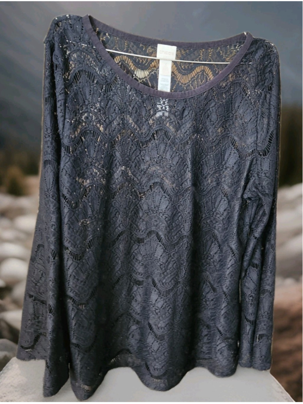 Chicos Womens Blouse Crochet Lace Size 3(US Large) Long Sleeves Black Stretch